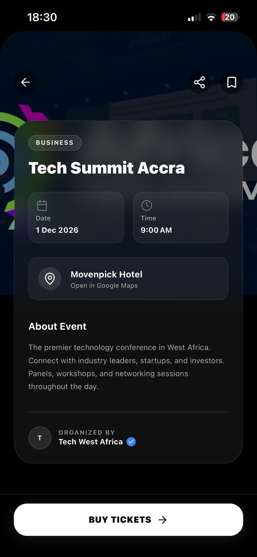 Event page in the TicketCat app