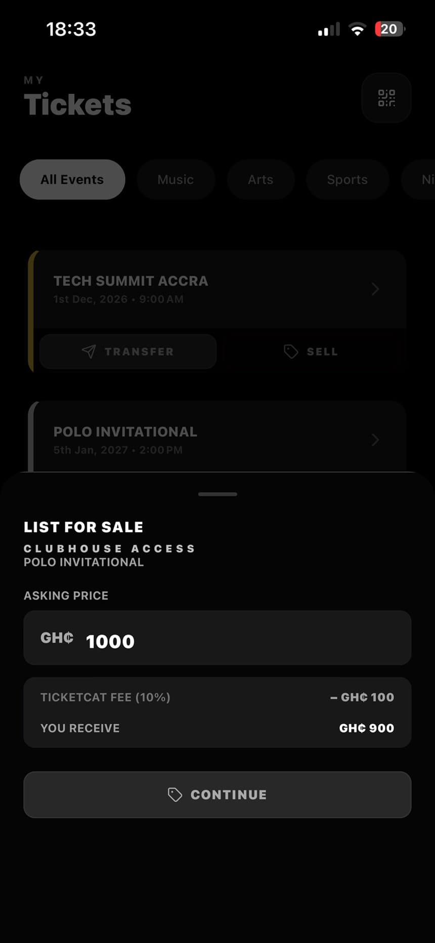 List for sale sheet showing asking price and payout