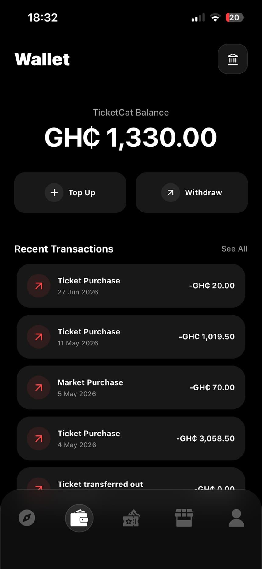 TicketCat wallet screen with balance and recent transactions